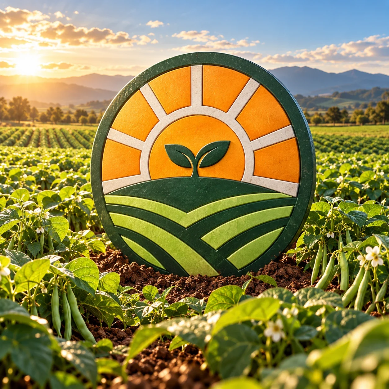 Emblema de Mi Tierra en un campo de frijol al atardecer